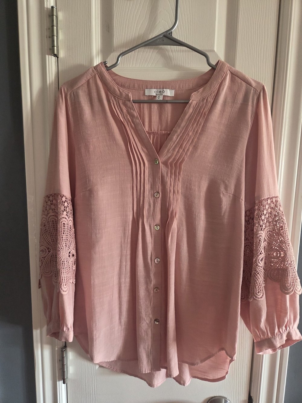 cleo Blush Pink Button-Front Crochet Sleeve Blouse
